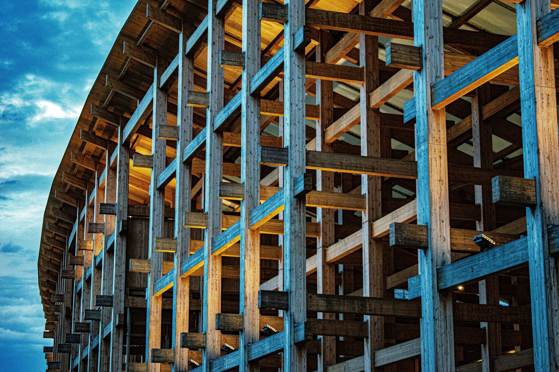 Timber and steel structural frame of a building under construction